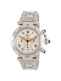 CARTIER, REF. 1050 STAINLESS STEEL 'PASHA' CHRONOGRAPH DATE WATCH, WITH BOX