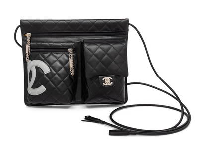 CHANEL, LINGE CAMBON CROSSBODY BAG: CHANEL, LINGE CAMBON CROSSBODY BAG Ligne Cambon crossbody/shoulder bag in quilted black calfskin leather with silver-tone hardware. Zipper closure and adjustable tie-cord straps. Label: Chanel Code: 9