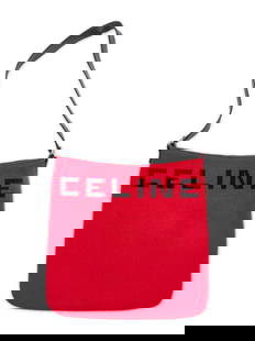 CELINE, KNIT CASHMERE TOTE: CELINE, KNIT CASHMERE TOTE Tote bag in red and black knitted cashmere with black leather trim and silver-tone hardware. Magnetic snap closure and flat leather strap. Label: Celine Style/Serial Number: