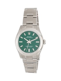 ROLEX, REF. 277200 STAINLESS STEEL 'OYSTER PERPETUAL' WITH GREEN DIAL, BOX & PAPERS