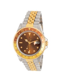 ROLEX, REF. 16713 STAINLESS STEEL AND 18K YELLOW GOLD 'GMT-MASTER II' 'ROOT BEER' WATCH, BOX &