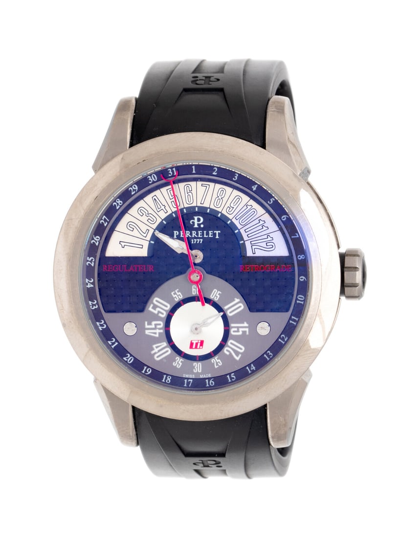 PERRELET, REF. 15001 TITANIUM 'REGULATEUR RETROGRADE' DATE WATCH: PERRELET, REF. 15001 TITANIUM 'REGULATEUR RETROGRADE' DATE WATCH Maker: Perrelet Model: Regulateur Retrograde Reference number: A5001 Serial number: A0373 Year: Circa 2010s Case size: Approx. 43 mm Ca