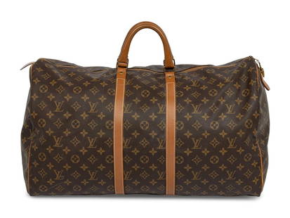 LOUIS VUITTON FRENCH COMPANY MONOGRAM KEEPALL: LOUIS VUITTON FRENCH COMPANY MONOGRAM KEEPALL Keepall duffle bag in monogram coated canvas and brown leather trim with gold-tone hardware. Two rolled leather handles and top zipper closure. Label: Lou