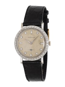 HAMILTON, VINTAGE 14K WHITE GOLD AND DIAMOND WATCH