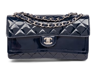 CHANEL, NAVY PATENT DOUBLE FLAP BAG
