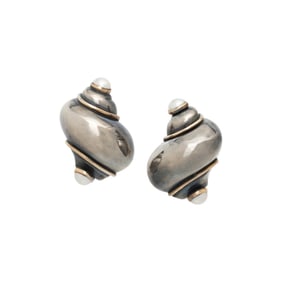 SEAMAN SCHEPPS, YELLOW GOLD, STERLING SILVER, AND MABÉ PEARL EARRINGS
