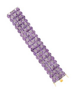 AMETHYST AND DIAMOND BRACELET: AMETHYST AND DIAMOND BRACELET Oval amethysts measuring approximately 10.00 x 8.00 mm, and single cut diamonds weighing approximately 1.25 carats total. Silver and yellow gold. 7 1/4 inches long, 1 1/4