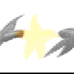 TIFFANY & CO., YELLOW GOLD STARFISH BROOCH: TIFFANY & CO., YELLOW GOLD STARFISH BROOCH 18 karat yellow gold. 2 1/2 x 2 1/2 inches. Stamp: (obscured maker's mark) 750 18K. Gross weight: 18.70 dwt. Jewelry from the Private Collection of an
