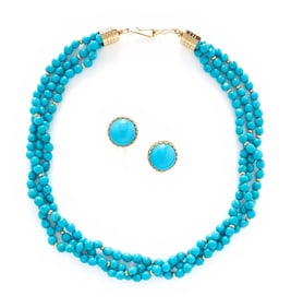 TURQUOISE AND YELLOW GOLD EARRINGS AND NECKLACE