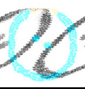 TURQUOISE AND YELLOW GOLD EARRINGS AND NECKLACE: TURQUOISE AND YELLOW GOLD EARRINGS AND NECKLACE The necklace with three strands of round turquoise beads measuring approximately 5.00 - 6.00 mm with yellow gold rondelles and clasp, together with a pa