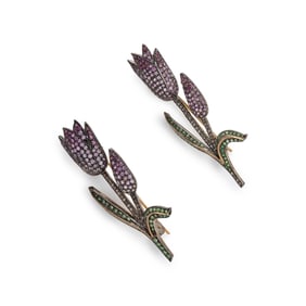 PAIR OF MULTIGEM TULIP BROOCHES