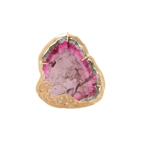 WATERMELON TOURMALINE, DIAMOND, AND YELLOW GOLD PENDANT