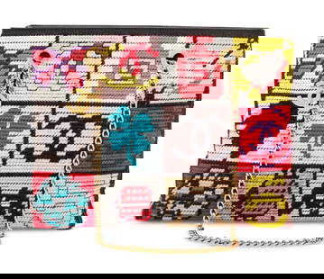 CHANEL, PRECIOUS SYMBOLS NEEDLEPOINT BAG: CHANEL, PRECIOUS SYMBOLS NEEDLEPOINT BAG Chanel Precious Symbols Needlepoint bag in multicolor cotton thread needlepoint and black leather with gold-tone hardware. Metal chain straps with dangling CC
