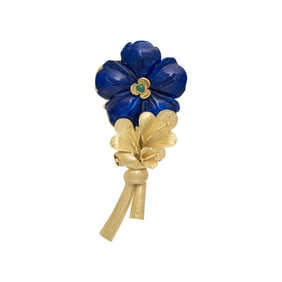 LAPIS LAZULI, EMERALD, AND YELLOW GOLD FLOWER BROOCH