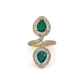 EMERALD AND DIAMOND BY-PASS RING