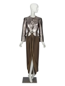BILL BLASS, SILVER SNAKESKIN JACKET & SILK DRESS