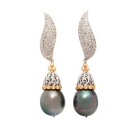 DIAMOND AND GRAY CULTURED PEARL EARRINGS