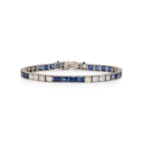 ART DECO, DIAMOND, SYNTHETIC SAPPHIRE, AND PLATINUM BRACELET
