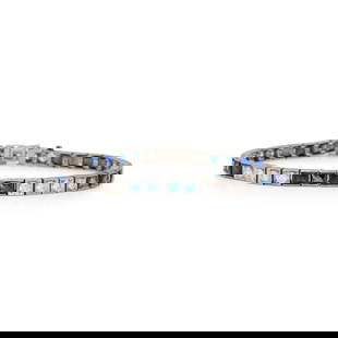 ART DECO, DIAMOND, SYNTHETIC SAPPHIRE, AND PLATINUM BRACELET: ART DECO, DIAMOND, SYNTHETIC SAPPHIRE, AND PLATINUM BRACELET Old European cut diamonds weighing approximately 2.50 carats total, and French cut synthetic sapphires. Platinum. 7 1/2 inches long. Gross