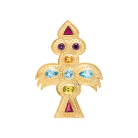 YELLOW GOLD AND MULTIGEM 'THUNDERBIRD' BROOCH