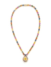 MULTICOLORED SAPPHIRE, DIAMOND, AND YELLOW GOLD PENDANT NECKLACE