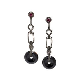 BLACK ONYX, DIAMOND, AND RUBY PENDANT EARRINGS