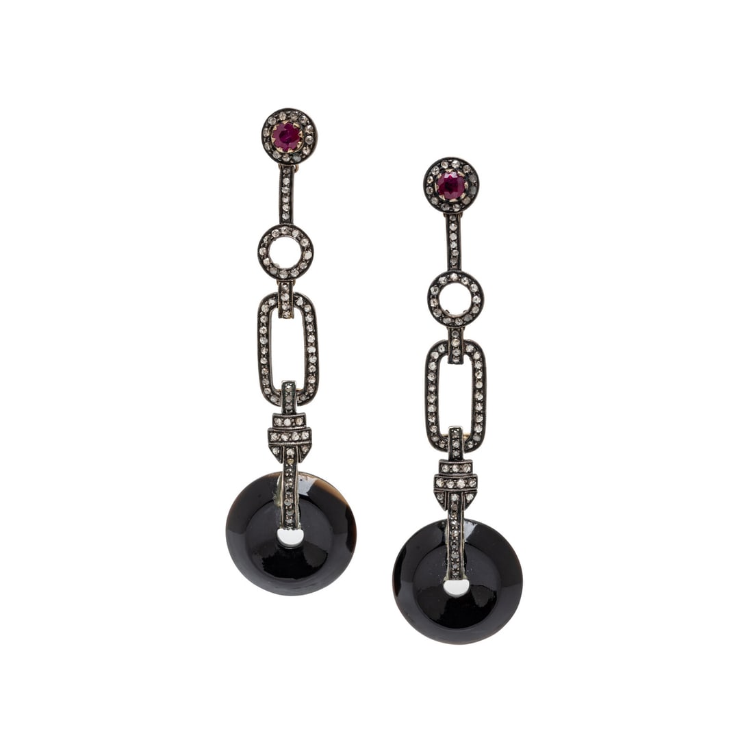 BLACK ONYX, DIAMOND, AND RUBY PENDANT EARRINGS (1 of 2)