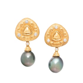 GRAY CULTURED PEARL AND DIAMOND EARRINGS
