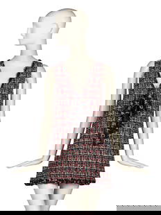 CHANEL, TWEED MINI DRESS: CHANEL, TWEED MINI DRESS Mini shift dress in multicolor fantasy tweed. Printed silk organza bow at front & trim throughout. Deep V neckline. Invisible zipper closure at back. Fully lined in black
