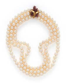 THREE STRAND CULTURED PEARL AND RUBY NECKLACE