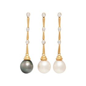 SET OF THREE CULTURED PEARL AND DIAMOND EARRINGS