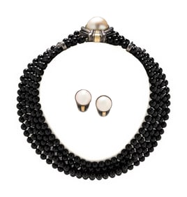 CARTIER, ONYX AND MAB?É PEARL NECKLACE AND EARRINGS