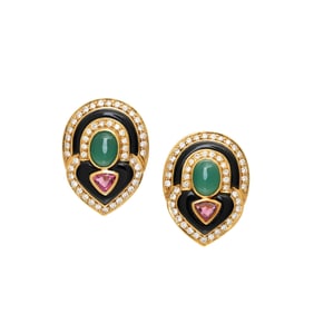 CHRYSOPRASE, TOURMALINE, BLACK ONYX, AND DIAMOND EARRINGS