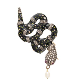 CULTURED PEARL, ENAMEL, AND DIAMOND SNAKE BROOCH PENDANT