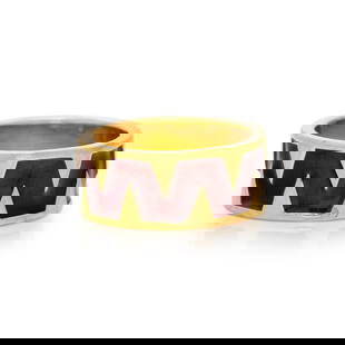 TIFFANY & CO., SCHLUMBERGER, YELLOW GOLD AND ENAMEL RING: TIFFANY & CO., SCHLUMBERGER, YELLOW GOLD AND ENAMEL RING Red paillonné enamel. 18 karat yellow gold. Ring size 5 3/4. Stamp: TIFFANY & CO. SCHLUMBERGER 750. Gross weight: 5.40 dwt. Accomp