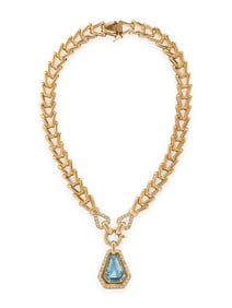 YELLOW GOLD, AQUAMARINE, AND DIAMOND NECKLACE