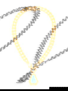 YELLOW GOLD, AQUAMARINE, AND DIAMOND NECKLACE: YELLOW GOLD, AQUAMARINE, AND DIAMOND NECKLACE Calf's head cut aquamarine weighing approximately 16.00 - 18.00 carats by formula, and round diamonds. 14 karat yellow gold. 5 3/4 inches long. Stamp: 14K