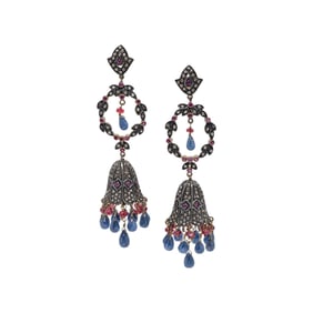 RUBY, SAPPHIRE, AND DIAMOND PENDANT EARRINGS