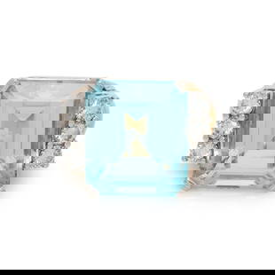 AQUAMARINE AND DIAMOND RING: AQUAMARINE AND DIAMOND RING Rectangular aquamarine weighing approximately 13.00 - 14.00 carats by formula, and round diamonds. Yellow and white gold. Ring size 4 1/2. Stamp: FINGERMATE. Gross weight: