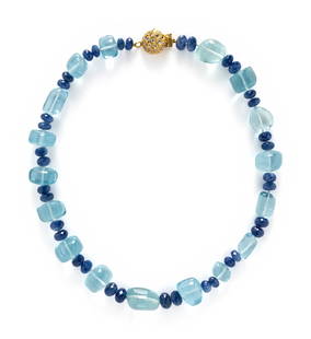 AQUAMARINE, SAPPHIRE, AND DIAMOND NECKLACE: AQUAMARINE, SAPPHIRE, AND DIAMOND NECKLACE Tumbled aquamarine beads and faceted sapphire beads, with a 14 karat yellow gold and rose cut diamond clasp. 18 inches long. Stamp: 14K. Gross weight: 64.30