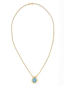 YELLOW GOLD, BLUE TOPAZ, AND DIAMOND PENDANT NECKLACE