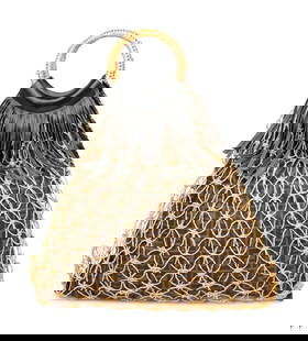 FENDI, MONOGRAM TOTE WITH KNOTTED TWINE: FENDI, MONOGRAM TOTE WITH KNOTTED TWINE Tote bag in coated canvas printed monogram print with a knotted twine outer layer. Features dark brown leather fringe at handles; circular twine-wrapped handles