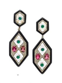 PINK TOURMALINE, EMERALD, DIAMOND, ROCK CRYSTAL, AND BLACK ONYX EARRINGS