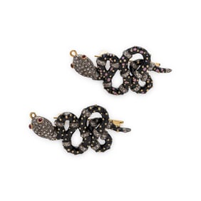 PAIR OF ENAMEL AND MULTIGEM SNAKE BROOCHES