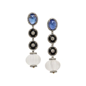 TANZANITE, BLACK ONYX, ROCK CRYSTAL, AND DIAMOND EARRINGS