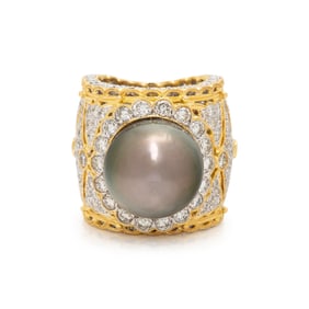 BICOLOR GOLD, DIAMOND, AND CULTURED PEARL RING