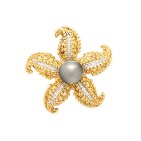 GRAY CULTURED PEARL, DIAMOND, AND COLORED DIAMOND STARFISH BROOCH