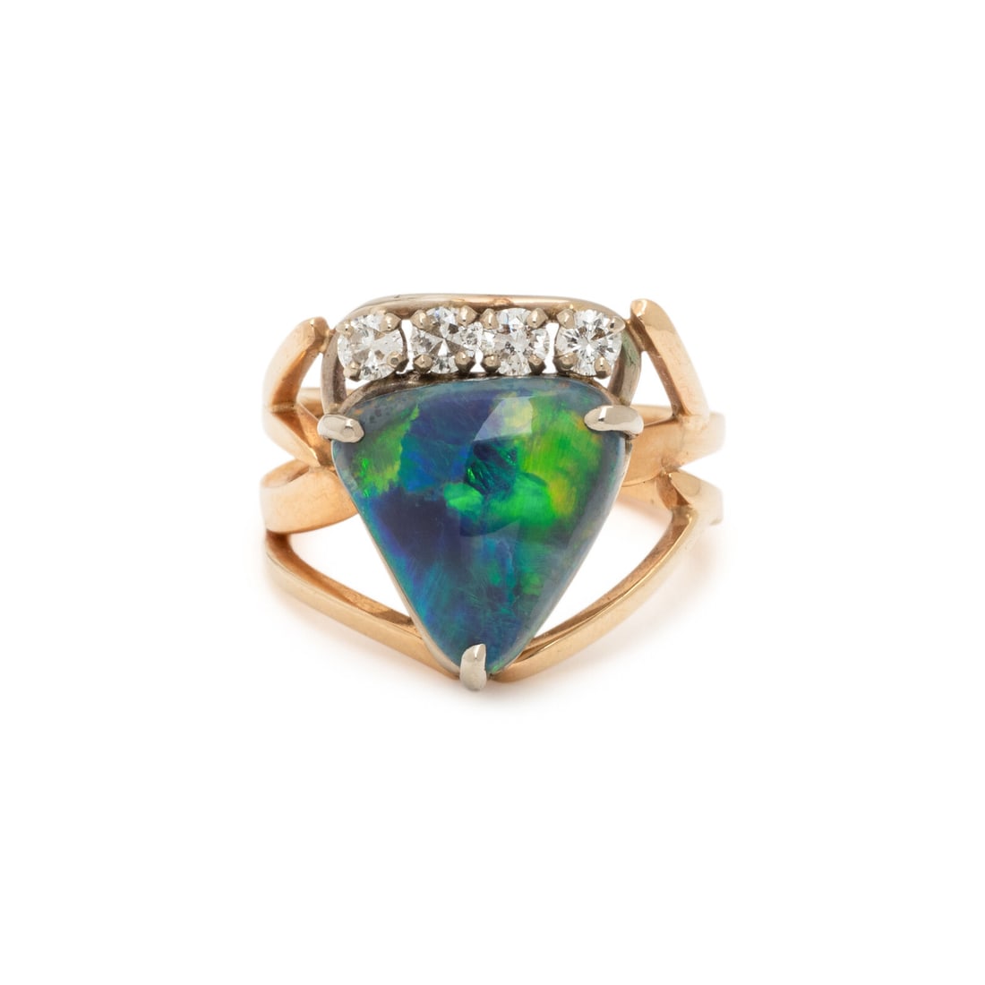 OPAL AND DIAMOND RING: OPAL AND DIAMOND RING Triangular cabochon opal measuring approximately 11.90 x 11.30 mm and round diamonds. Yellow and white gold. Ring size 5. Gross weight: 3.65 dwt. GIA, 2002, Report No. 11926251,