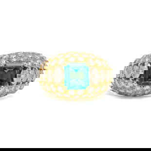 EMERALD AND DIAMOND RING: EMERALD AND DIAMOND RING Emerald cut emerald weighing approximately 1.25 carats by formula, and round and marquise cut diamonds weighing approximately 2.70 carats total. 18 karat yellow gold. Ring siz