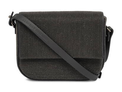 BRUNELLO CUCINELLI, MONILI CROSSBODY BAG: BRUNELLO CUCINELLI, MONILI CROSSBODY BAG Crossbody flap bag in monili bead-embellished grey leather with matte silver-tone hardware. Magnetic closure and adjustable & removable grey leather strap.